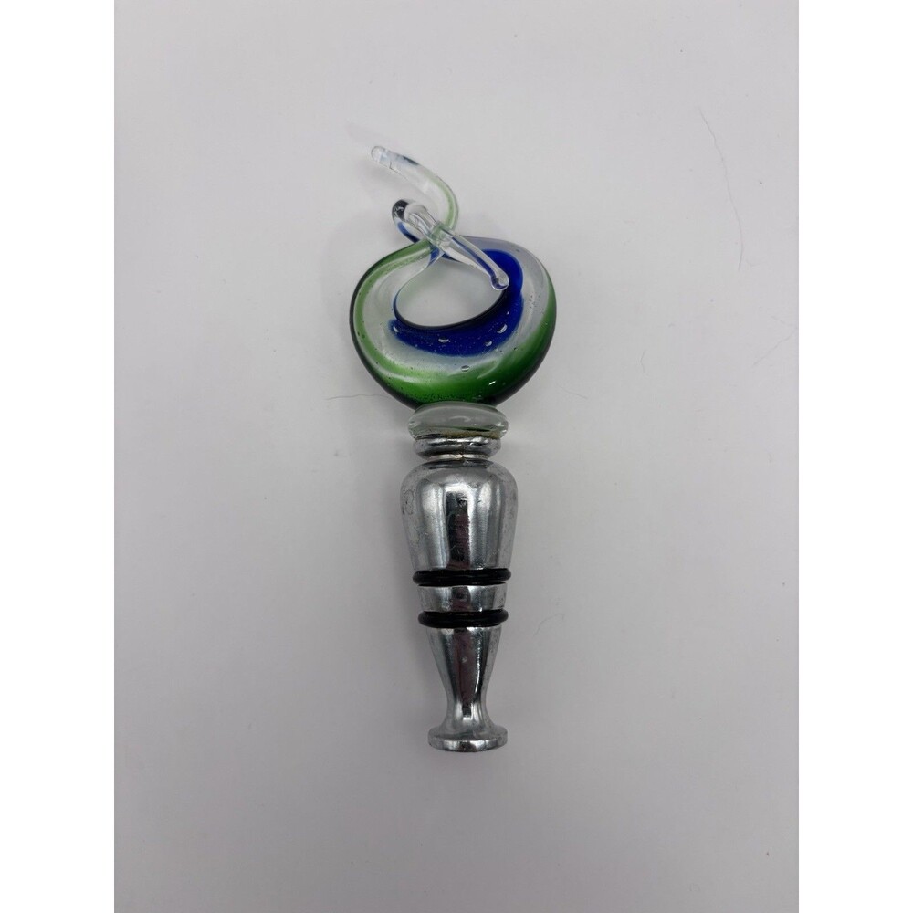 Blown Glass Wine Bottle Stopper clear Blue Green Free Form Murano Inspired